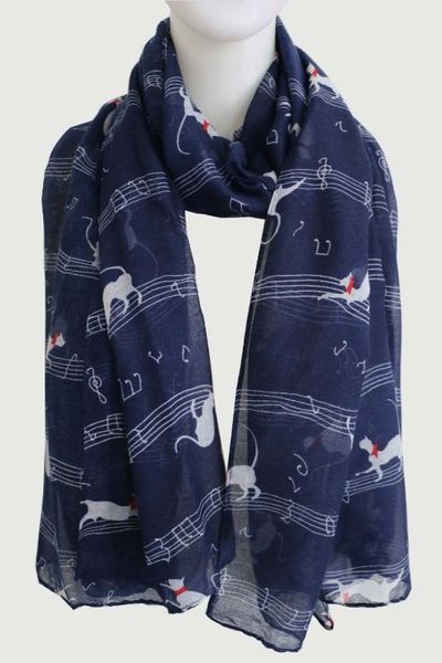 

2020 new fashionable navy blue music note cats print long scarves for women lady, Blue;gray