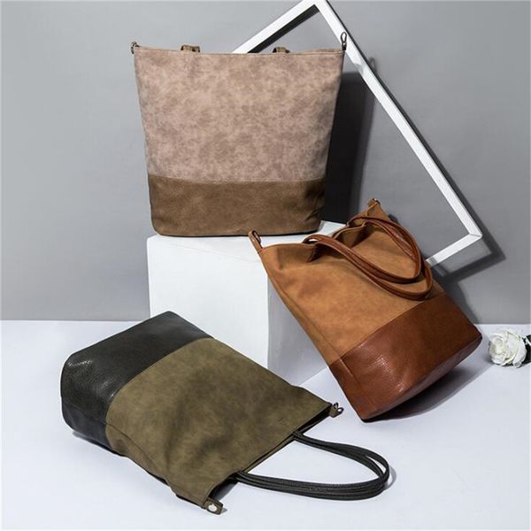 

new messenger bag contrast color pu large capacity bucket european and american women's bag large-capacity hand tote 2020