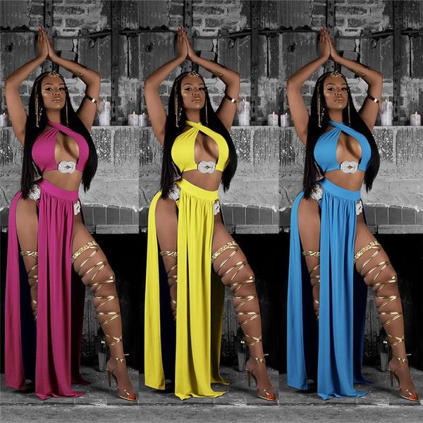 

long skirt three colors beach solid color halter split swimsuit bikini + blouse three-piece swimsuit set