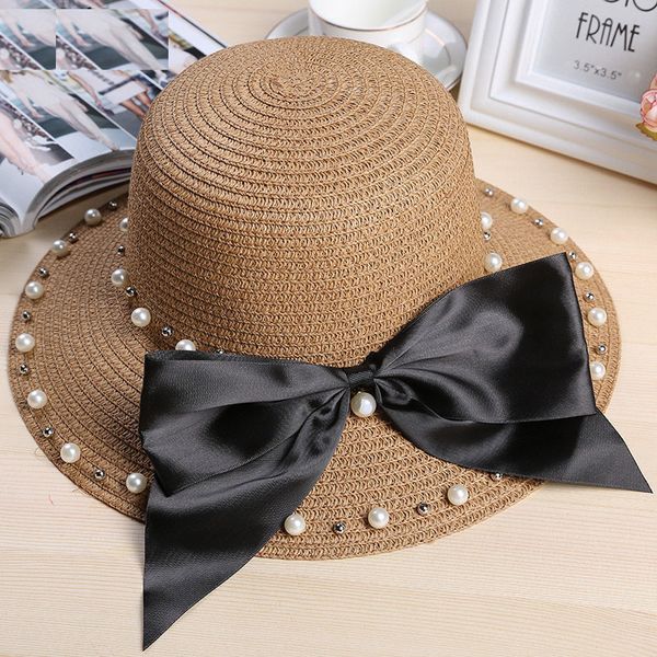 

2020 fashion bow pearl summer sun hat women straw hats sunshade panama cap beach hat chapeu, Blue;gray