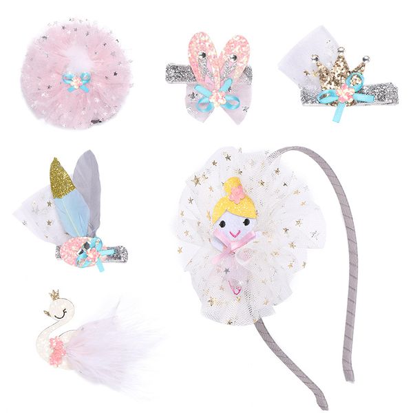 

1set ins boutique cute glitter swan ears hairpins tiaras feather hair clips hair ties fairy hairbands princess headwear, Slivery;white