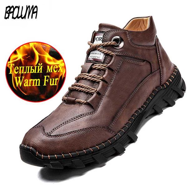 

winter classic men's boots plush warm men's winter boots waterproof leather snow retro style designer shoes, Black