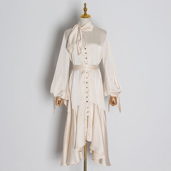 

new 2020 fashion designer runway dress women's bow collar lantern sleeve sashes ribbons asymmetrical shirt dress, Black;gray