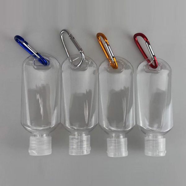 

пустой перезаправляемые 50ml бутылки с key ring крючок прозрачный пластик рук дезинфицирующее бутылки для путешествий