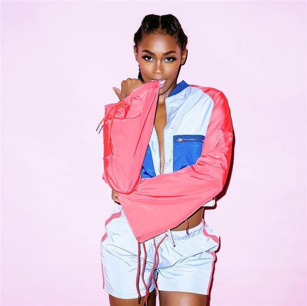 

long sleeve 2pcs shorts sets casual loose ladies suits patchwork color womens tracksuits designer drawstring, Gray