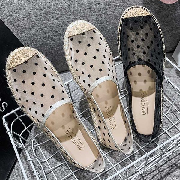 

breathable polka dot lace loafers woman slip on shallow moccasins shoes women patchwork round toe mesh espadrilles flat2020, Black