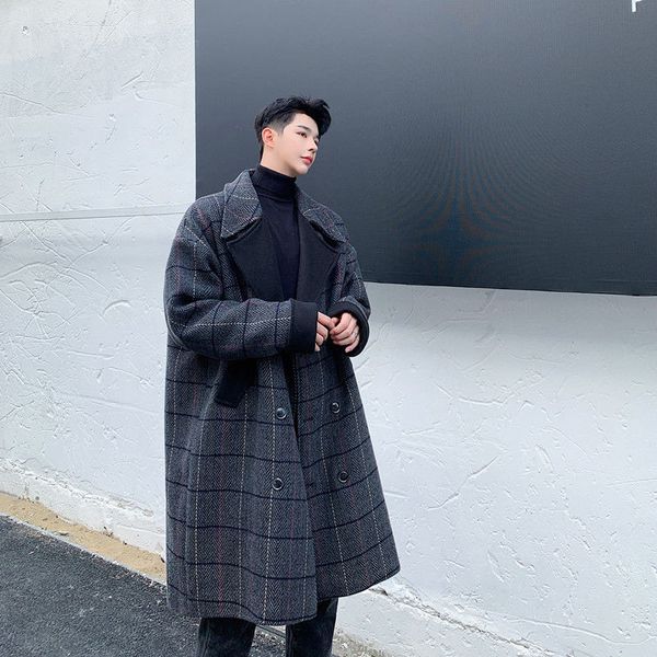 

ewq / men's wear autumn winter new plaid print woolen coat loose drop shoulder big size mid length tweed coat male lapel 9y4041, Black