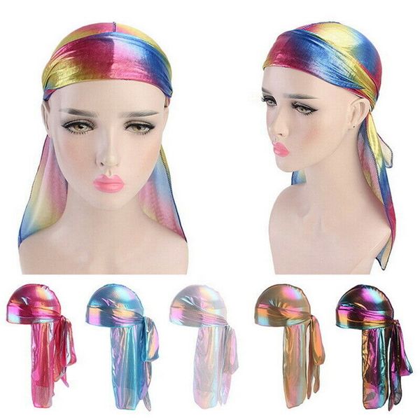 

silky laser durag bandana turban hat long tail designers durags wave caps sparkly shiny headwear headband pirate caps chemo caps d82411, Yellow