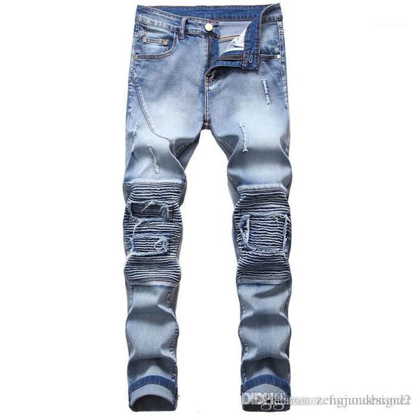 

srtaight button fly new autumn casual apparel mens distrressed designer jeans hole style fashion homme clothing, Blue