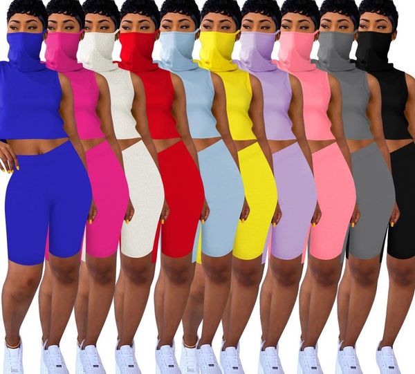 

designer women summer 2 two piece outfits tracksuits sleeveless vest with face mask biker shorts casual sports set jogging clothes dhl l1971, Gray