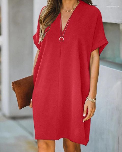 

loose short sleeve solid color dress new women summer clothing women v neck summer dress casual, Black;gray