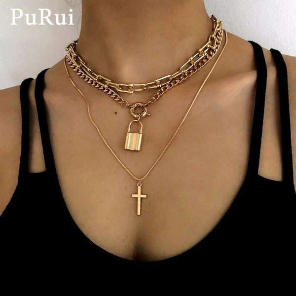 

purui chain padlock pedant necklace for women punk gold color cross lariat chain men choker necklace rock wear color, Silver