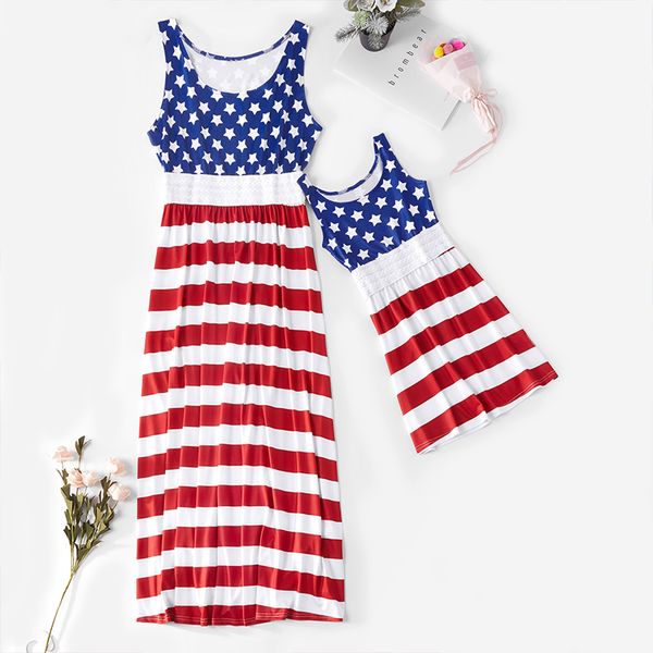 

summer new mother kids star stripe dresses mom and daughter flag printing dress mother daughter girl big family clothes, Blue