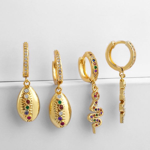 

Junerain Rainbow Zircon Sea Shell Earrings for Women Gold Circle Drop Earrings Colorful CZ Crystal Snake Earings Fashion Jewelry H40