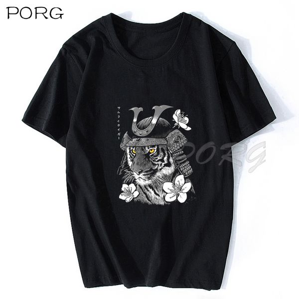 

samurai tiger kawaii black t-shirt cotton graphic oversized men tshirt casual t shirt men o-neck cotton printed men's clothing