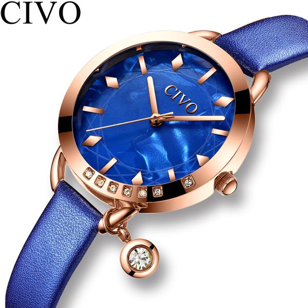 

relogio feminino civo 2020 fashion blue leather band ladies wrist watch luxury crystal waterproof casual clock women gift watch, Slivery;brown