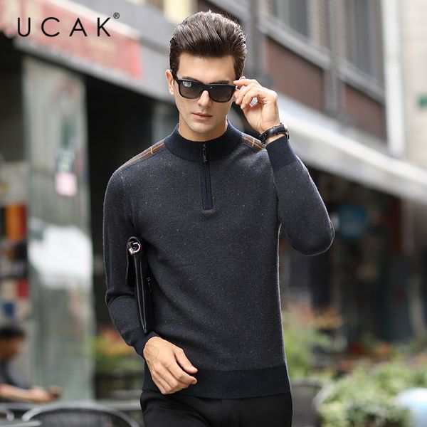 

ucak brand zipper o-neck sweater men clothes casual pure merino wool pullover pull homme winter new streetwear clothing u3234, White;black
