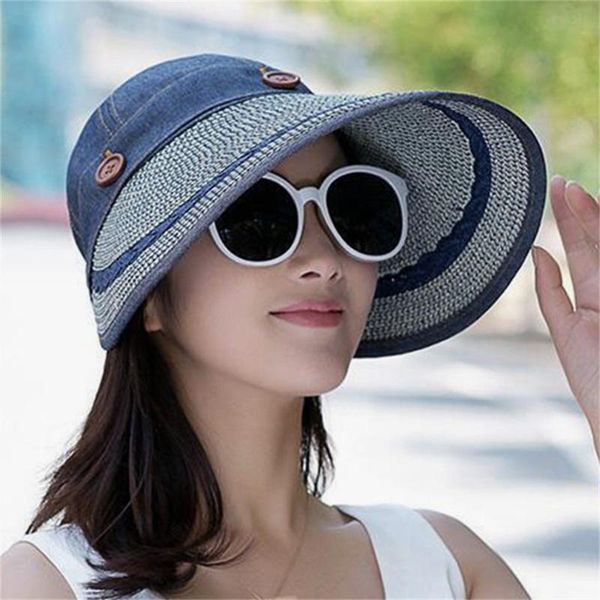 

hats women large wide brim floppy summer beach sun hat cap button straw hat summer hats for women anti-uv visor comfortable caps, Blue;gray