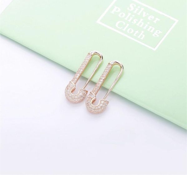 

moonmory f2019 france 100% 925 sterling silver silver safety pin earring three color style one side zircon right left earring, Golden;silver