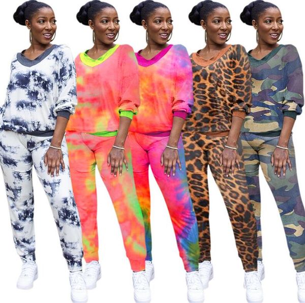 

women fashion tracksuit designer long sleeve v-neck t-shirt pants trousers outfit color tie dye camouflage leopard print sweat suit cz81002, White