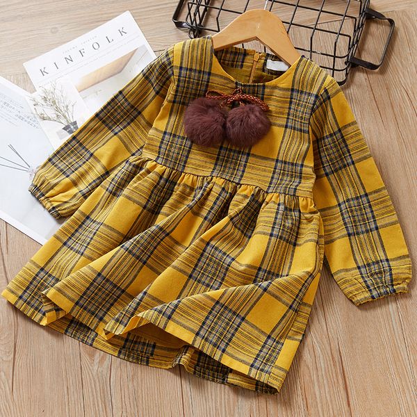 

2-8y newborn kids baby hairball plaid princess party long sleeve dress girls clothes kg-610, Red;yellow