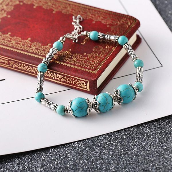 

vintage turquois e beads link bracelets for women stainless steel alloy accessories charm bracelet natural stone fashion jewelry, Golden;silver