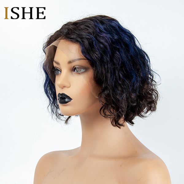 

blue curly 13x6 front lace human hair short bob wigs remy brazilian hair glueless lace frontal wig for women black mixed blue, Black;brown