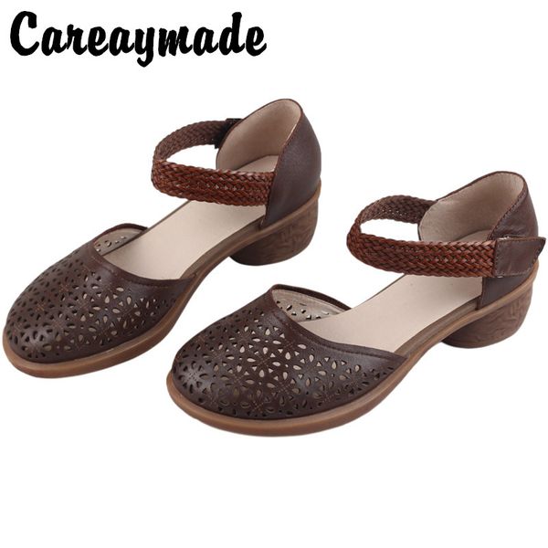

careaymade-national style retro leather hollow hole sandals women's summer soft leather shoes middle heel shallow mouth sandals, Black