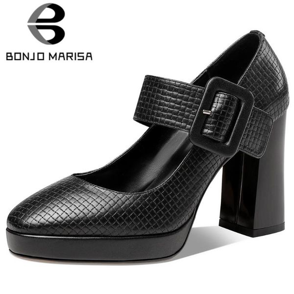 

bonjomarisa ladies office fashion genuine leather elegant fretwork mary janes pumps women high heels shoes woman, Black