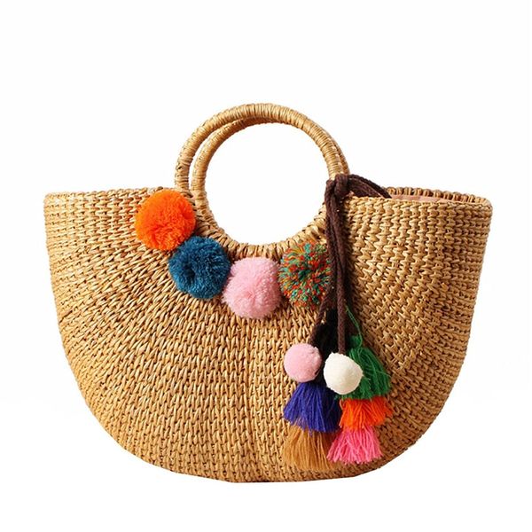 

womens vintage straw woven handbags casual beach vacation large tote bags with round handle ring(hairball