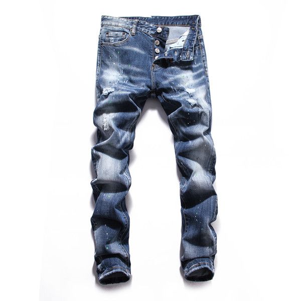 

new fashion men's slim-fit jeans distressed ripped locomotive fashion mill car explosion jeans high-waist slim-fit type suitable for mo, Blue