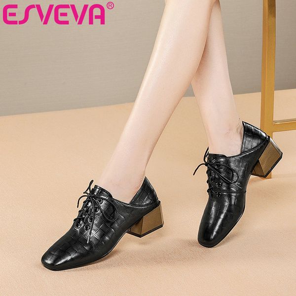 

esveva 2021 women pumps shoes lace up cow leather+pu square med heels pointed toe western style shoes women casual size 34-42, Black