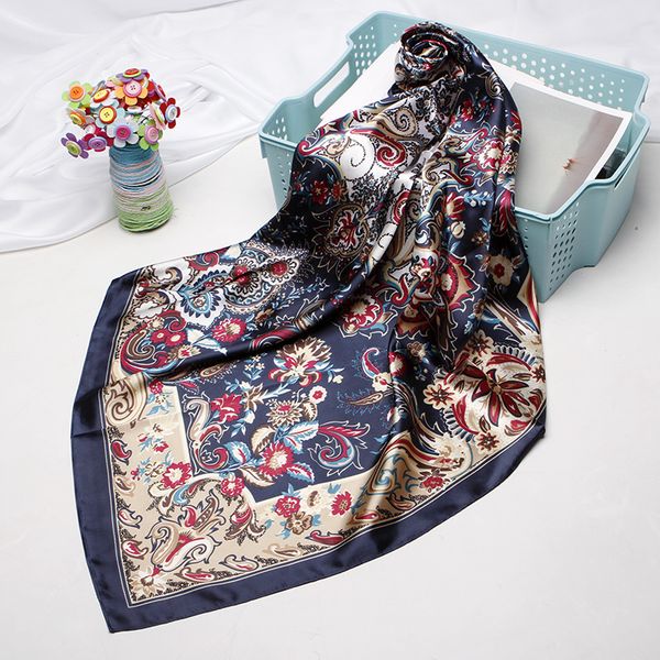 

square scarves women chain print sunscreen scarf female silk satin long dual-use shawl beach towel shawl cashew chrysanthemum, Blue;gray