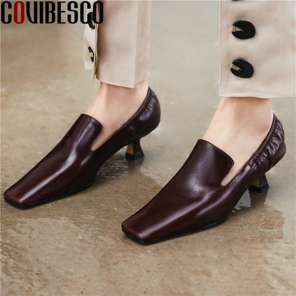 

covibesco elegant soft genuine leather handmade shoes for women pleated square toe fine heels pumps party dancing shoes woman, Black