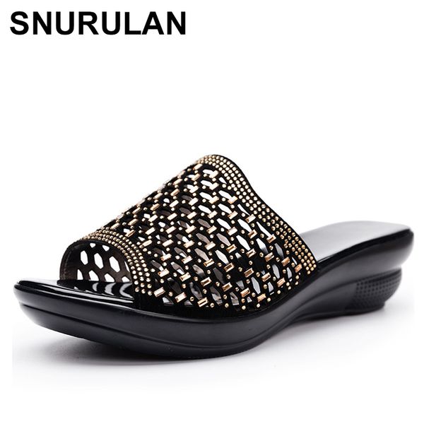

snurulanwomen slippers 2020 ladies summer genuine leather slippers shoes women high heels fashion wedge summer shoes, Black