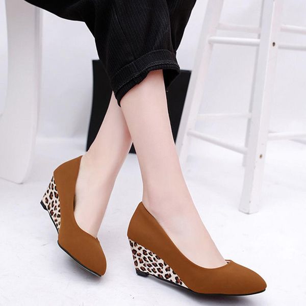

women's brown leopard print slip-on wedges suede leather shoes for women ladies office wear single shoes new 2020 autumn shoe, Black