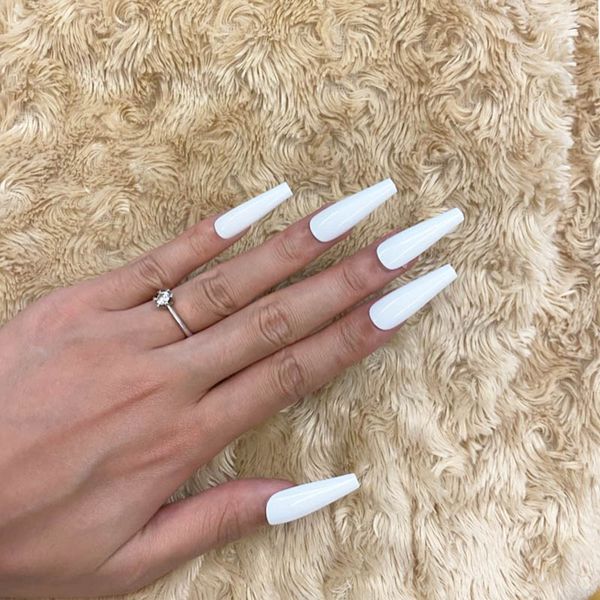 

20pcs/box long style ballerina fake nails press on colorful square head wearable fingernail patches with bright finished nails, Red;gold