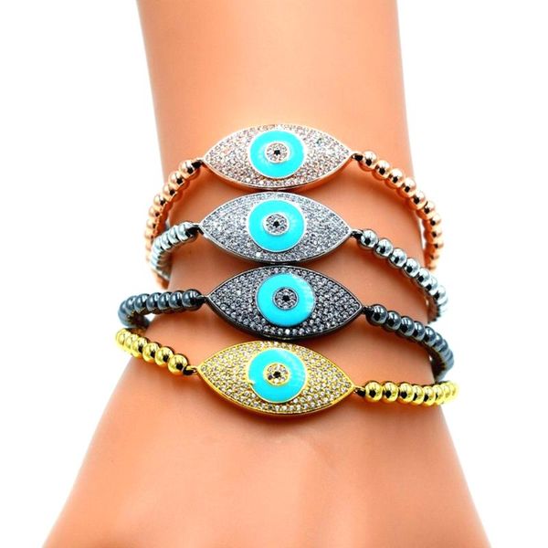 

eye charm bracelets for men woman 24k gold plating micro pave cz 4mm beads classic european style braiding bracelets, Black