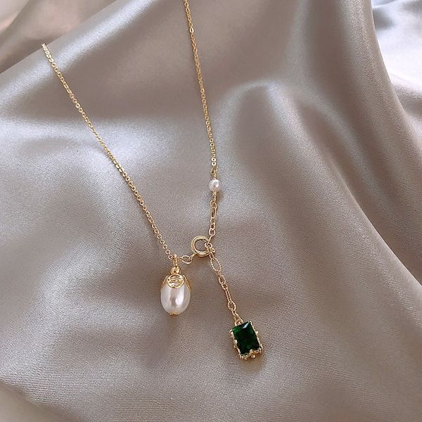

fashion jewelry elegant square green zircon pearl double pendant necklace elegant everyday wild necklace for women, Silver