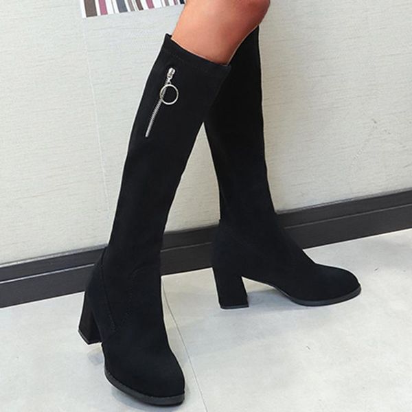 

women party flcok cloth knee long boot winter hoof heels high zipper boots with thick scrub british style femal botas mujer, Black