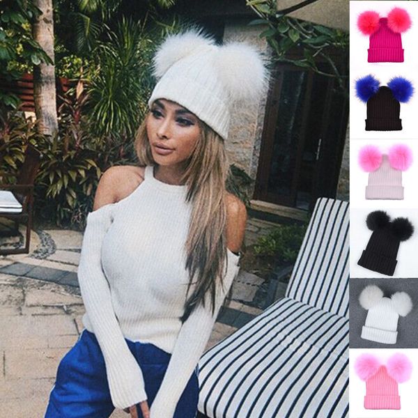 

women ladies warm winter knitted wool beanie fur pom bobble hat crochet cap oversized, Blue;gray