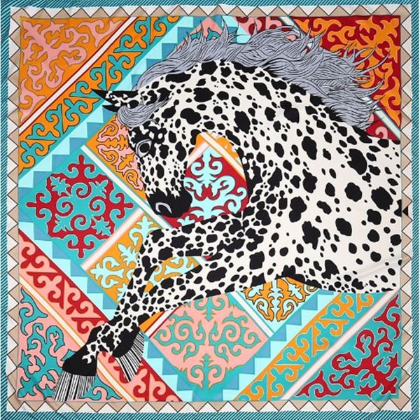 

silk scarf for women black horse color hijab design print 130*130 square 100% silk fashion female bandana wrap lady gif, Blue;gray