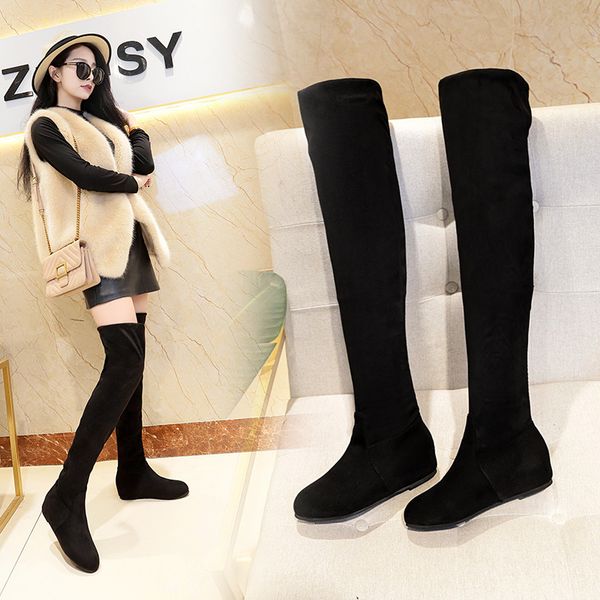 

boots slip-on casual flock round toe women sewing low flat with solid long over-the-knee turned-over edge winter shoes, Black