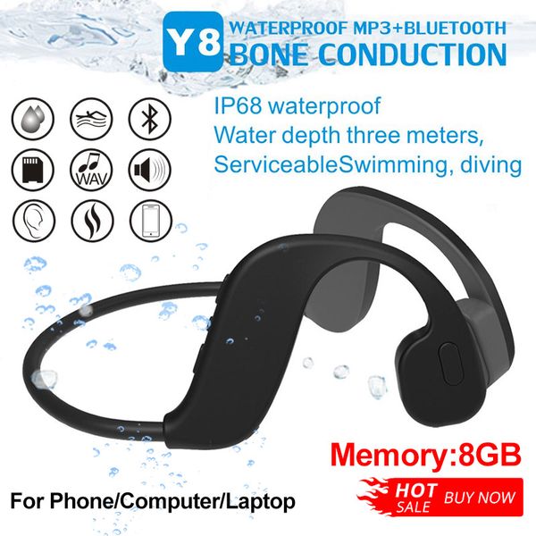 

y8 bluetooth earphones ip68 waterproof mp3 swimming sport ear hookearbuds 8gb usb speaker for phone pc tablet bone conduction headphones