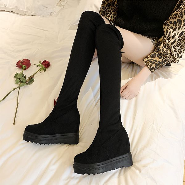 

high stovepipe botines ladies girls height increase long botte winter over knee thigh high boots women platform snow botas plush, Black