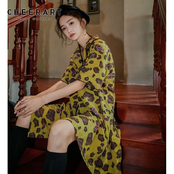 

cheerart loose a line vintage dress women lapel summer short sleeve mini dress back pleated korean style, Black;gray