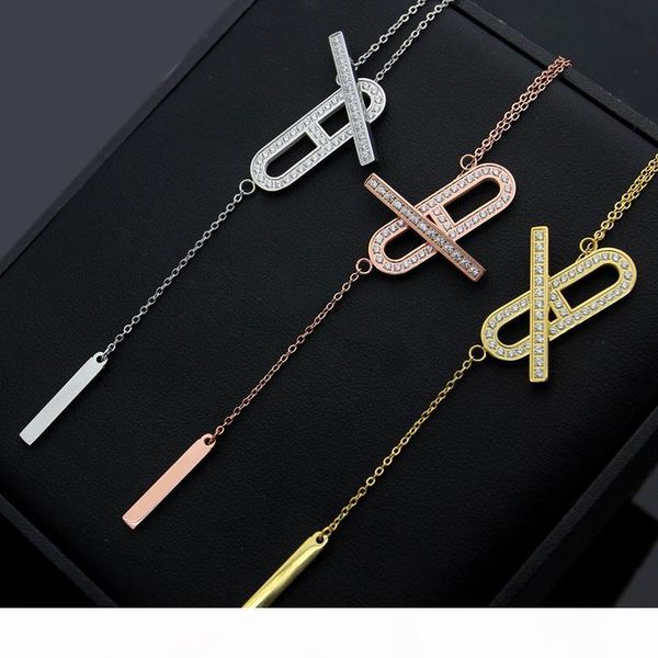 

europe america fashion lady 316l titanium steel ot clasp h letter 18k plated gold necklaces with tassels pendant engagement gift 3 color, Silver