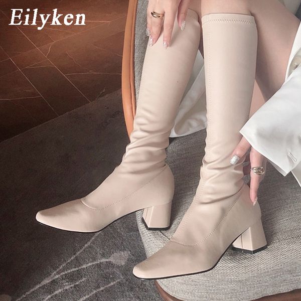 

eilyken autumn winter shoes female nightclub knee high boots fashion square heels motorcycle bootties women pumps size 39, Black