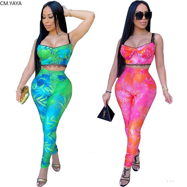 

cm.yaya active wear women's set leaf print crop pencil skinny pants suit tracksuit club party two piece set fitness outfit, Gray