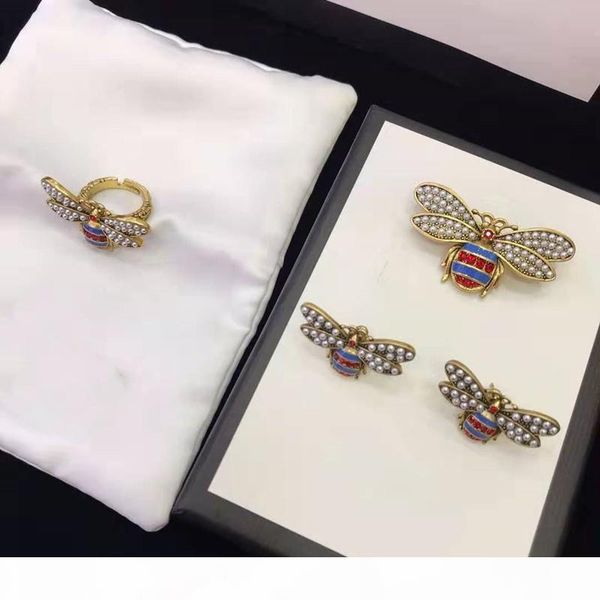 

popular women jewelry gold plated cz pearl little bee earrings brooch pin ring for girls women for party wedding nice gift, Golden;silver